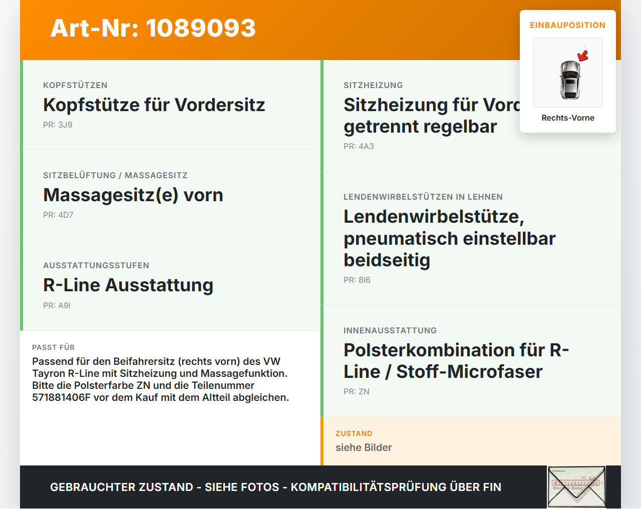 VW Tayron R41 Sitzbezug Sitzpolster für Beifahrersitz Rechts Vorne beheizt VW Tayron R41 20.08.2025 571881406F gebraucht Vorschau 3