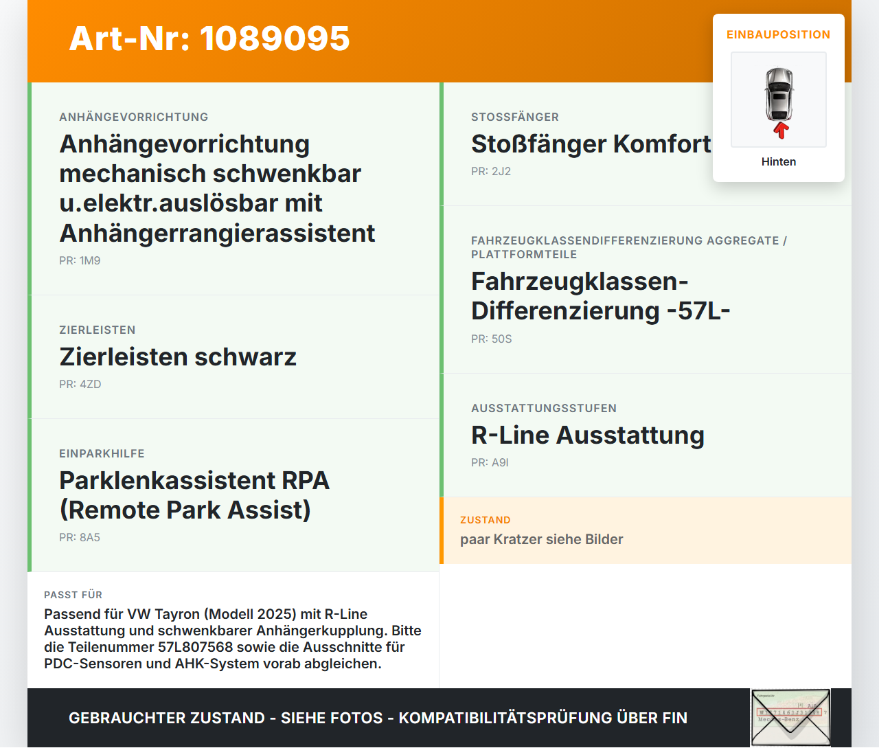 VW Tayron R41  TDI 2,0 142KW Unterfahrschutz Diffusor für Stoßstange Hinten VW Tayron R41 20.08.2025 57L807568 gebraucht Vorschau 3