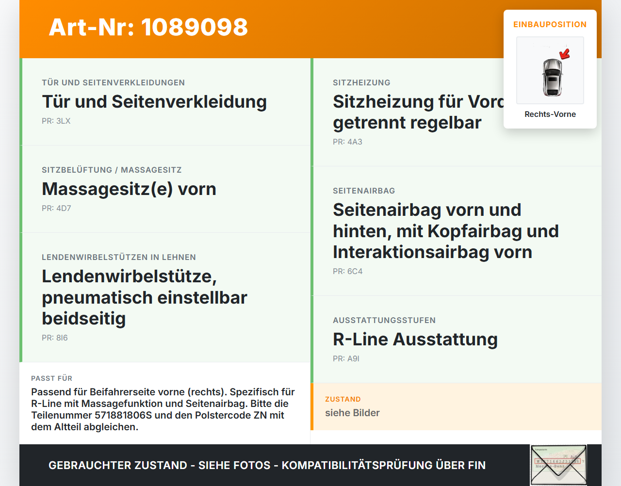VW Tayron R41 Sitzbezug Rückenpolster Rechts Vorne für Beifahrer Sitz VW Tayron R41 20.08.2025 571881806S gebraucht Vorschau 3