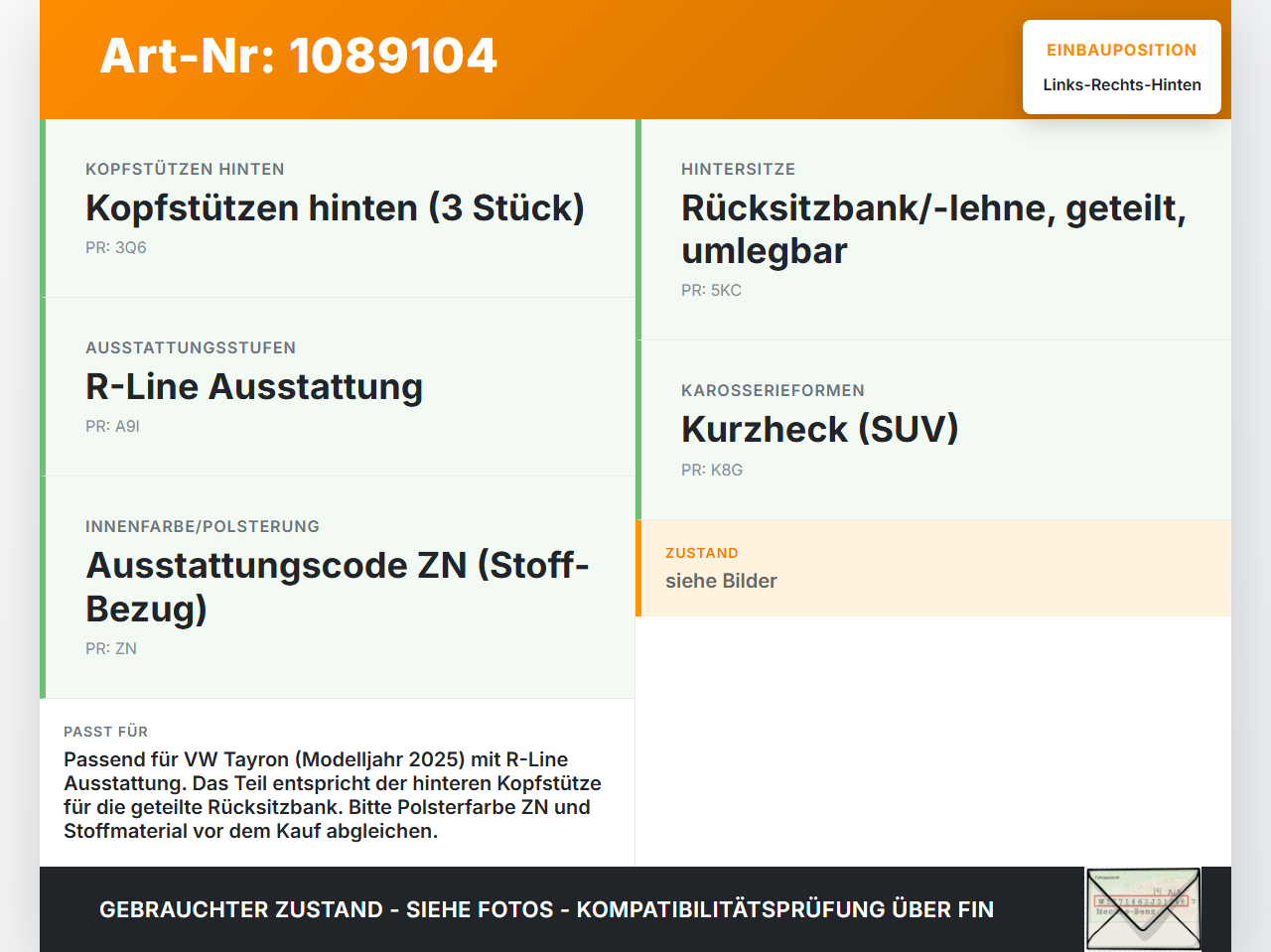 VW Tayron R41 Kopfstütze Rechts oder Links Hinten VW Tayron R41 20.08.2025 571885901G gebraucht Vorschau 3