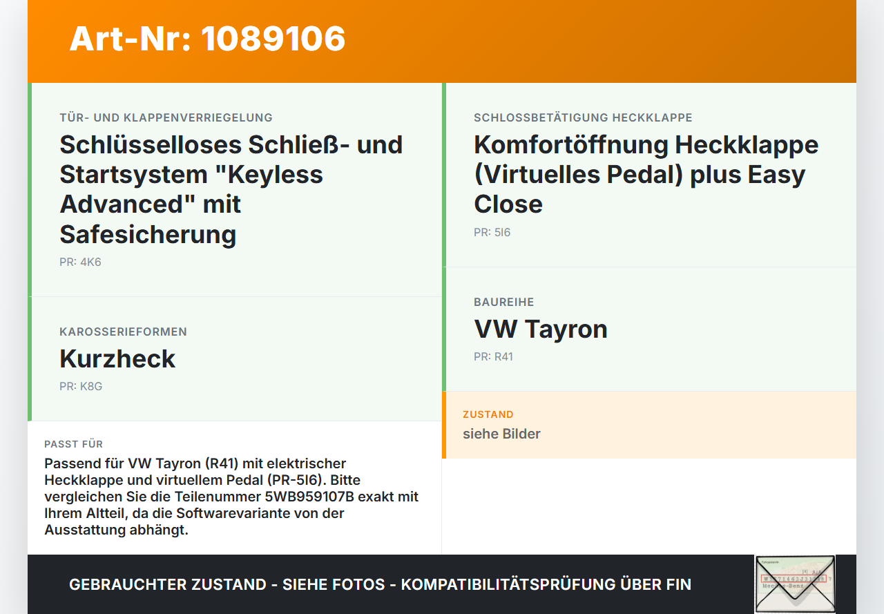 VW Tayron R41 Steuergerät Heckklappensteuergerät Heckklappe Modul VW Tayron R41 20.08.2025 5WB959107C 5WB959107B... Vorschau 3