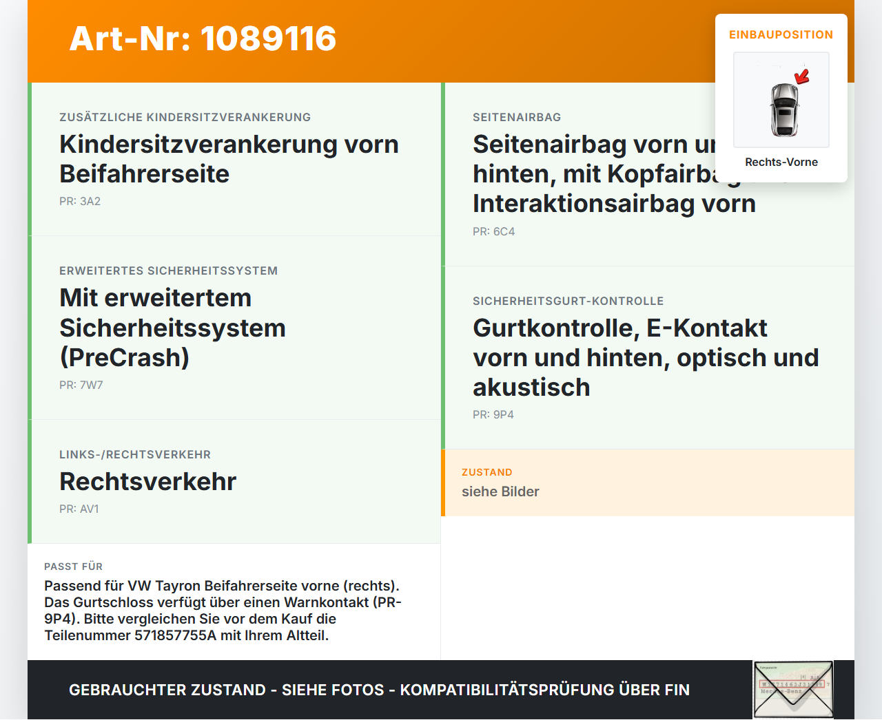 VW Tayron R41 Gurtschloss Rechts Vorne VW Tayron R41 20.08.2025 571857755A gebraucht Vorschau 3