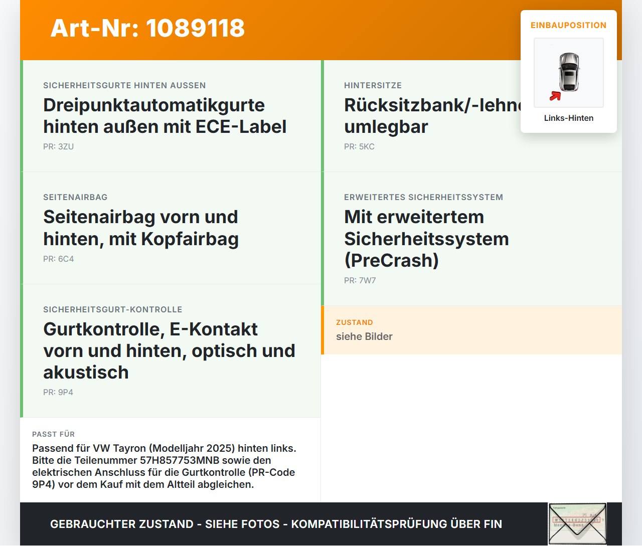 VW Tayron R41 Gurtschloss Links Hinten VW Tayron R41 20.08.2025 57H857753 57H857753MNB gebraucht Vorschau 3