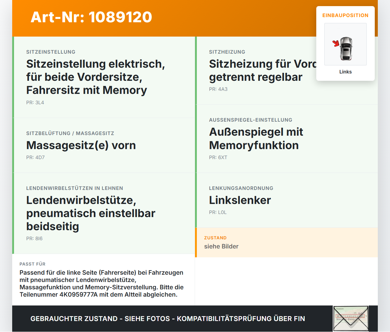 VW Tayron R41 Schalter Links für Sitzverstellung VW Tayron R41 20.08.2025 4K0959777A 4K0959777A4PK gebraucht Vorschau 3