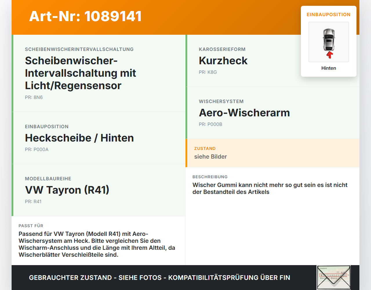 VW Tayron R41 Scheibenwischer Heckwischer Hinten Wischarm VW Tayron R41 20.08.2025 57L955707 gebraucht Vorschau 3