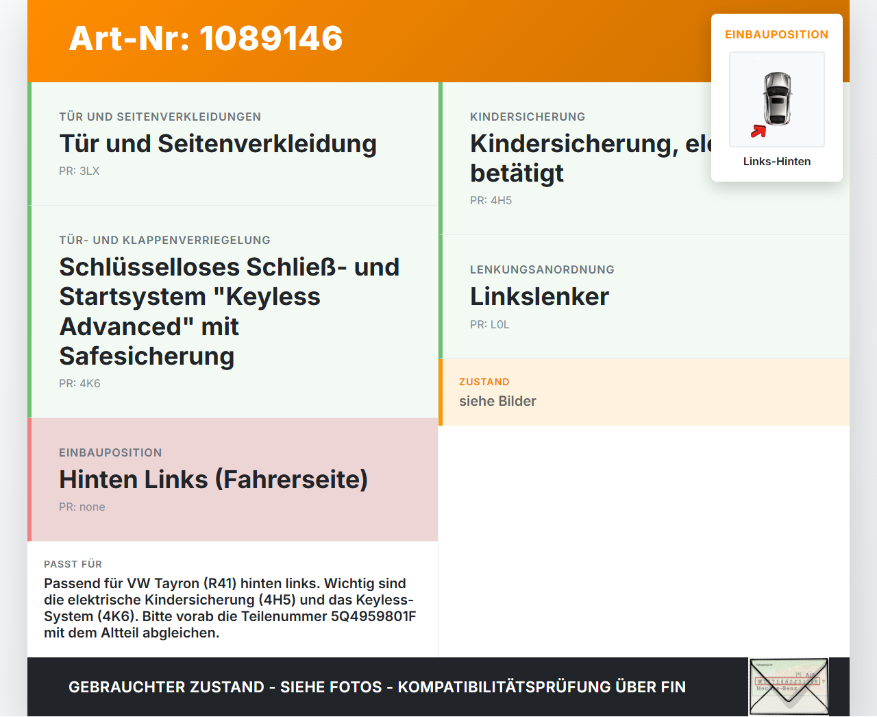 VW Tayron R41 Fensterhebermotor Links Hinten VW Tayron R41 20.08.2025 5Q4959801F gebraucht Vorschau 3