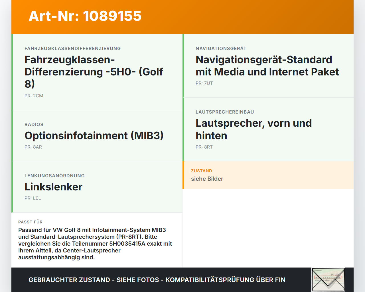 VW Golf 8 VIII 19-24 Lautsprecher Center für Armaturenbrett VW Golf 8 VIII 19-24 14.08.2023 5H0035415A gebraucht Vorschau 3