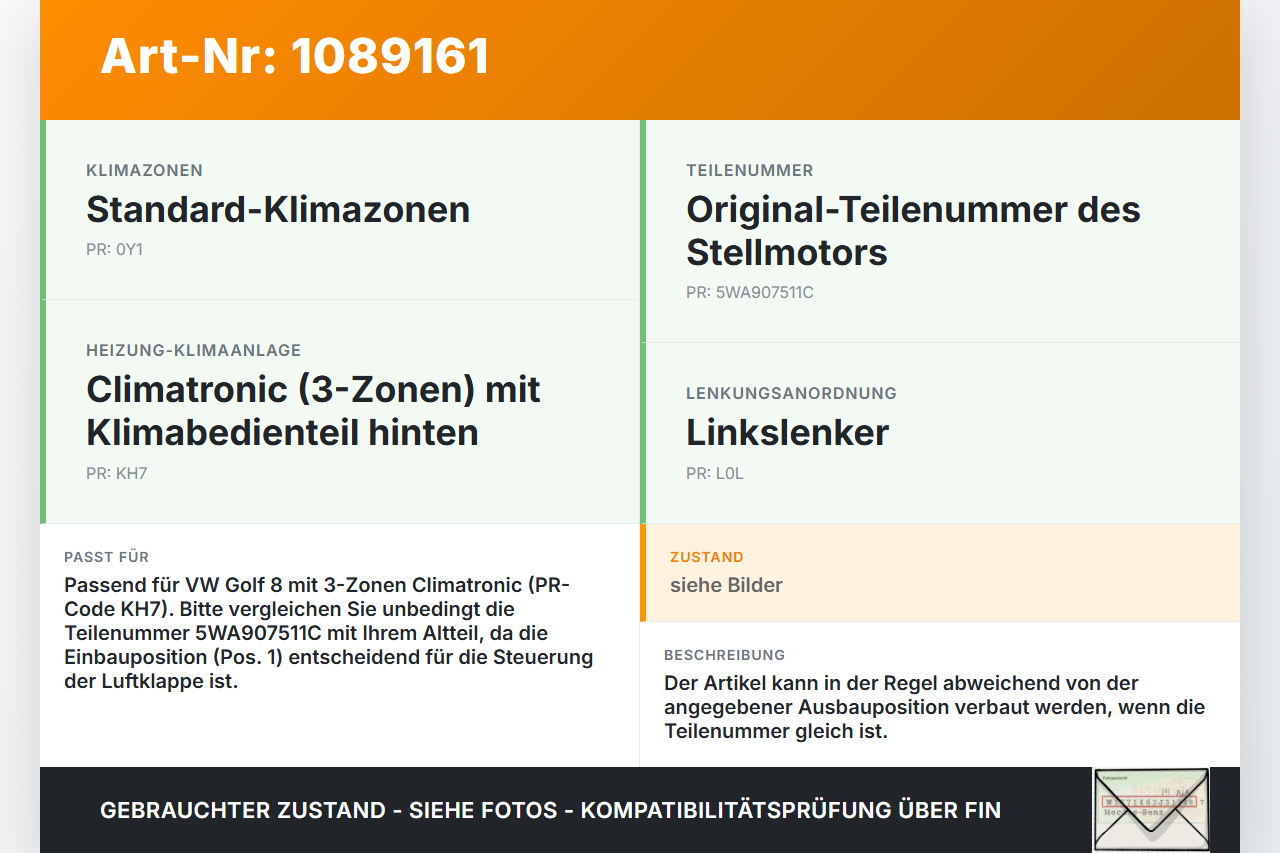 VW Golf 8 VIII 19-24 Luftklappenstellmotor Stellmotor Pos.1 VW Golf 8 VIII 19-24 14.08.2023 5WA907511C T16245C... Vorschau 3
