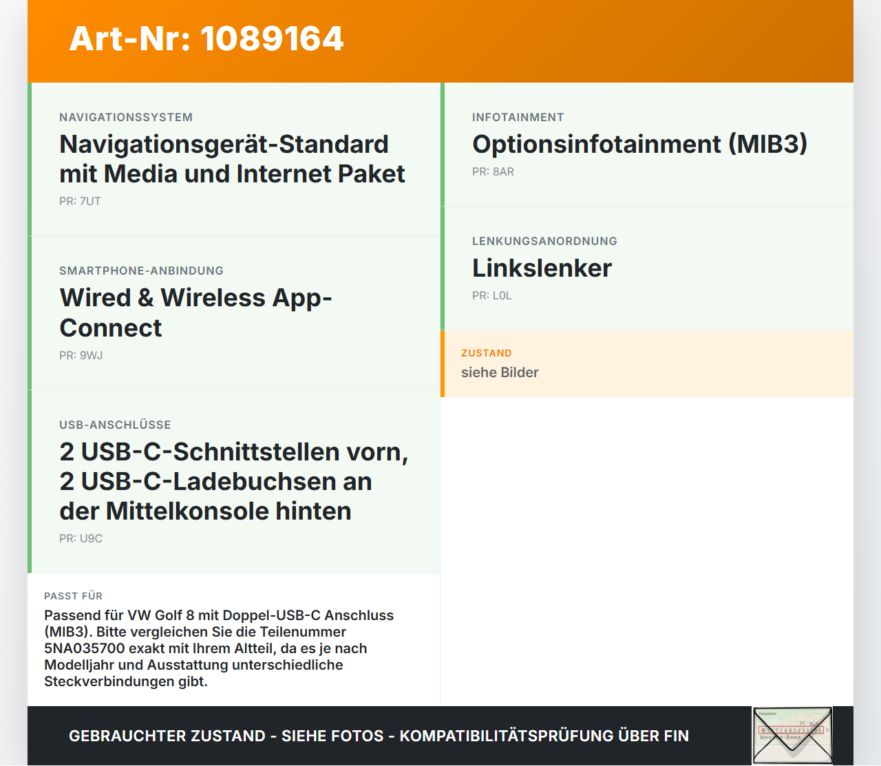 VW Golf 8 VIII 19-24 USB Buchse Anschluss VW Golf 8 VIII 19-24 14.08.2023 5NA035700 gebraucht Vorschau 3