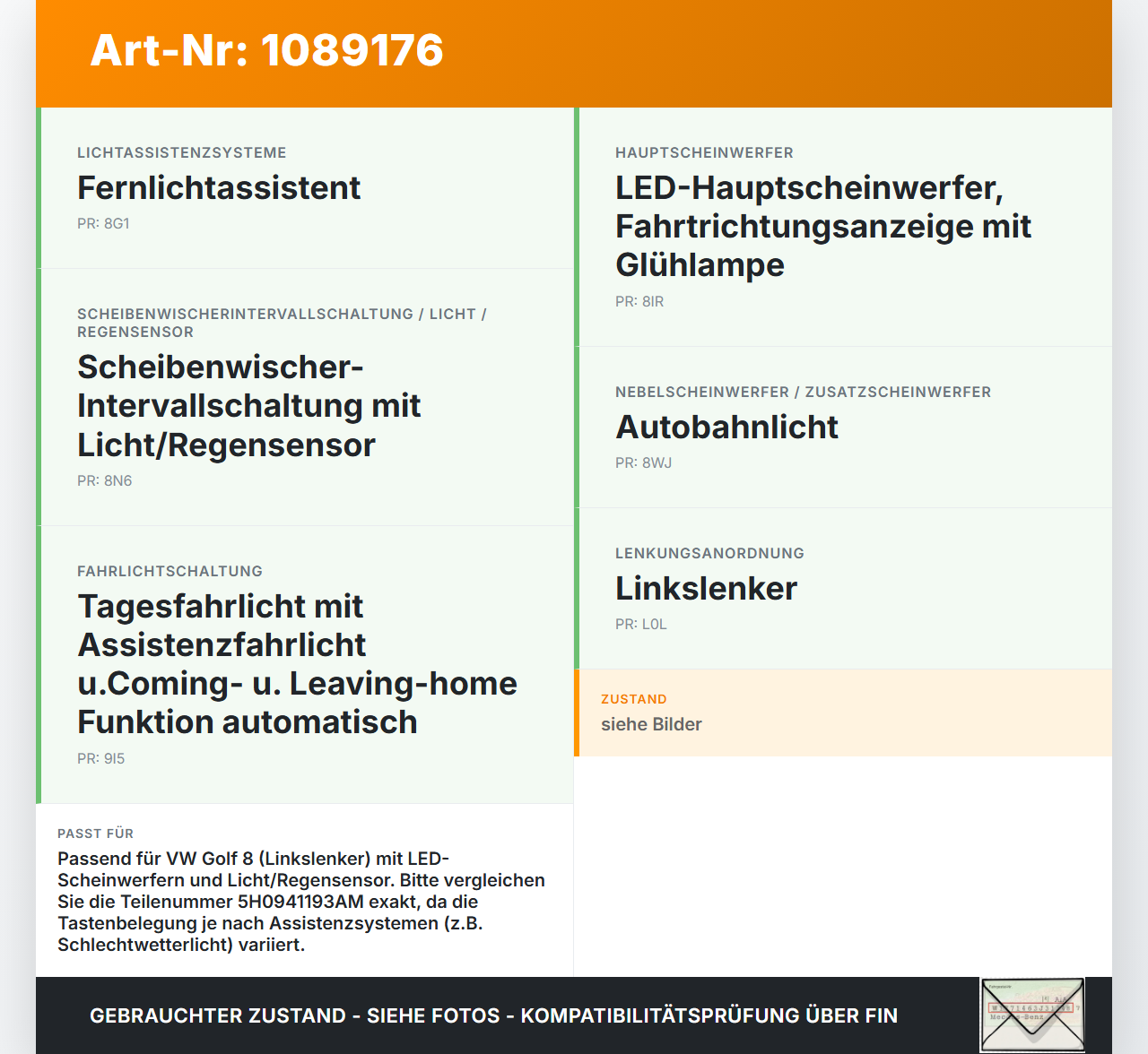 VW Golf 8 VIII 19-24 Lichtschalter Schalter VW Golf 8 VIII 19-24 14.08.2023 5H0941193AM 10527081-02 gebraucht Vorschau 3
