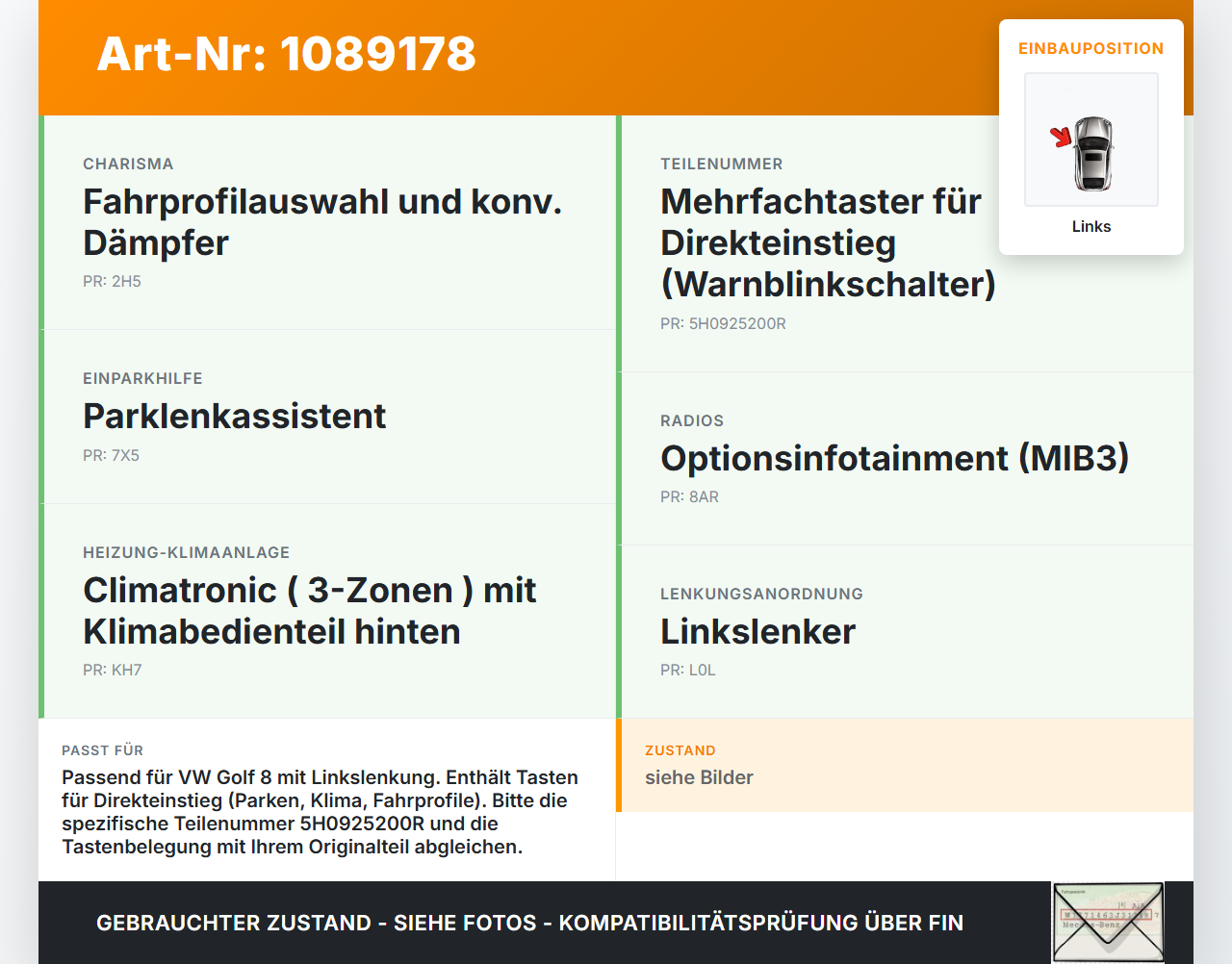 VW Golf 8 VIII 19-24 Warnblinkschalter Schalter VW Golf 8 VIII 19-24 14.08.2023 5H0925200R gebraucht Vorschau 3