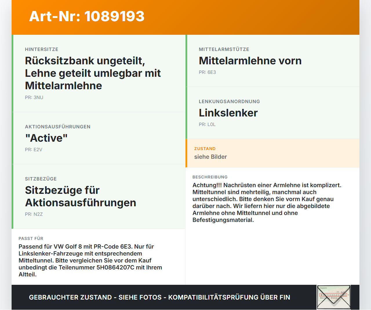 VW Golf 8 VIII 19-24 Armlehne Mittelarmlehne Auflage VW Golf 8 VIII 19-24 14.08.2023 5H0864207C 5H0864207CALW... Vorschau 3