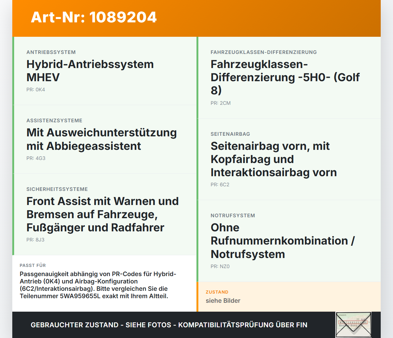 VW Golf 8 VIII 19-24 Airbag Steuergerät Airbagsteuergerät VW Golf 8 VIII 19-24 14.08.2023 5WA959655L EDRVC201 gebraucht Vorschau 3