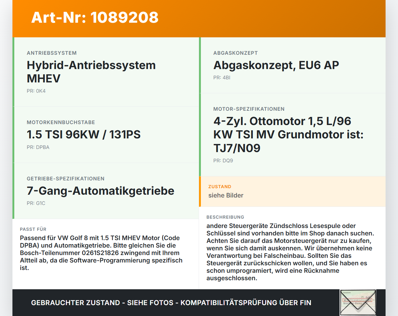 VW Golf 8 VIII 19-24 TSI 1,5 96KW Steuergerät ECU für Motor Motorsteuergerät VW Golf 8 VIII 19-24 14.08.2023... Vorschau 3
