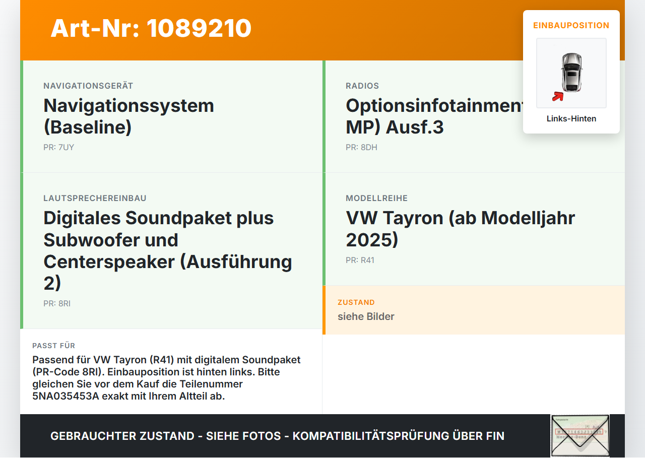 VW Tayron R41 Lautsprecher Tieftöner Links Hinten VW Tayron R41 20.08.2025 5NA035453A gebraucht Vorschau 3
