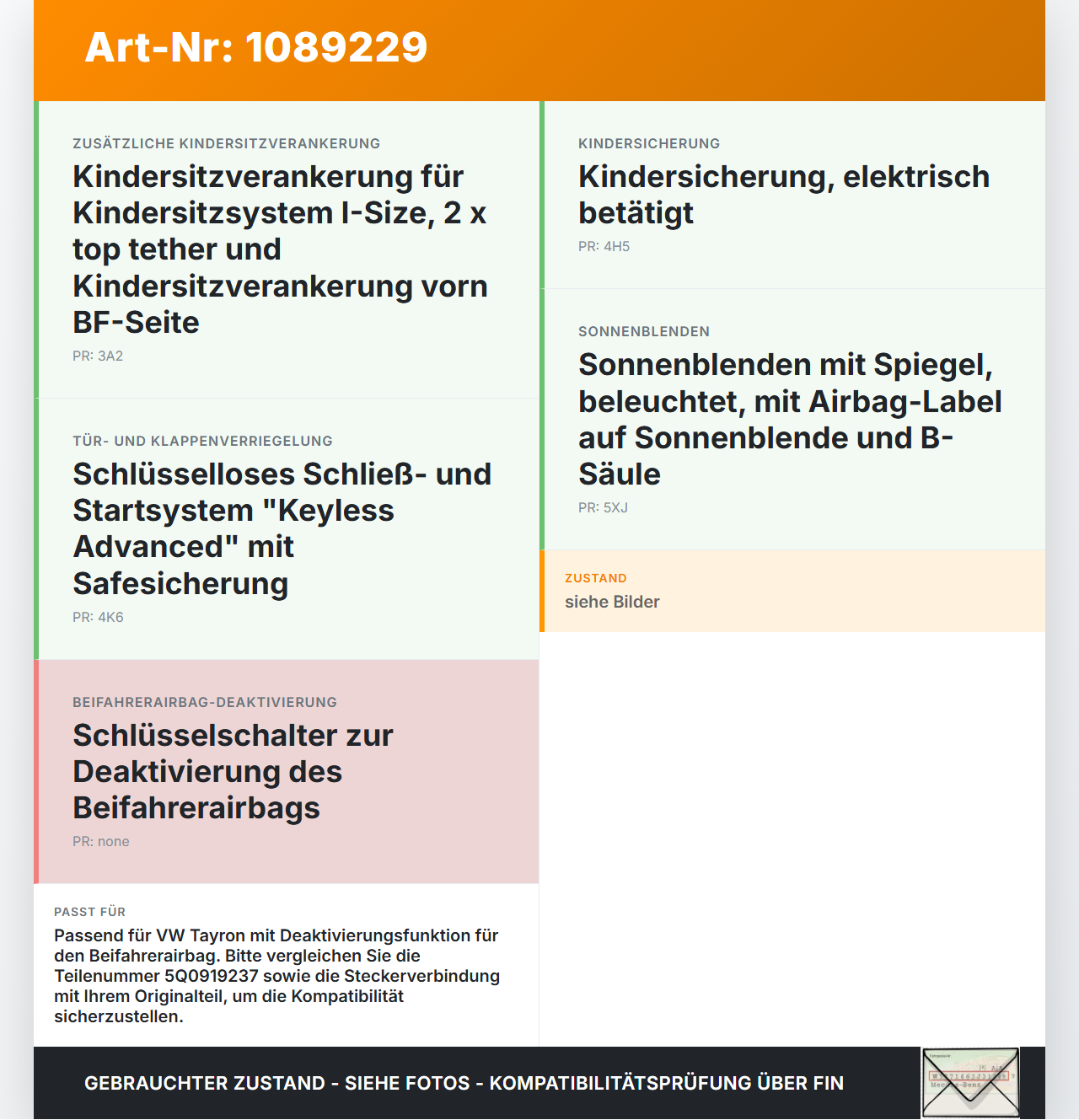 VW Tayron R41  TDI 2,0 142KW Schliesszylinder für Beifahrer Airbag Sicherung VW Tayron R41 20.08.2025 5Q0919237... Vorschau 3