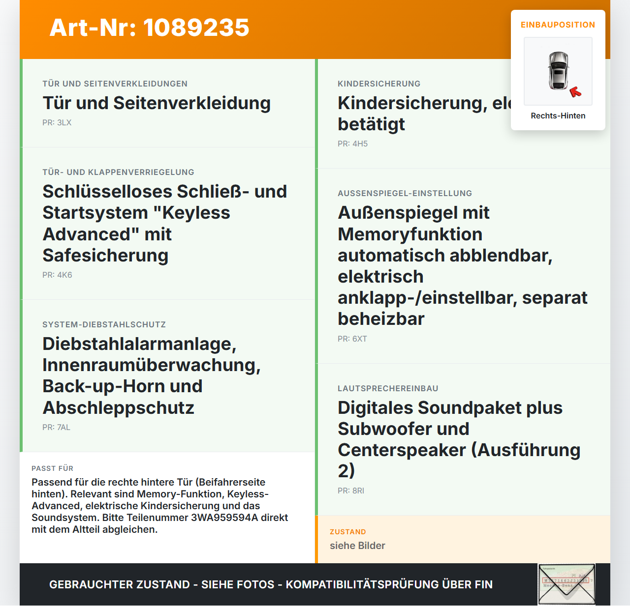VW Tayron R41 Steuergerät ECU Modul Türmodul Rechts Hinten VW Tayron R41 20.08.2025 3WA959594A 3WA959594 gebraucht Vorschau 3