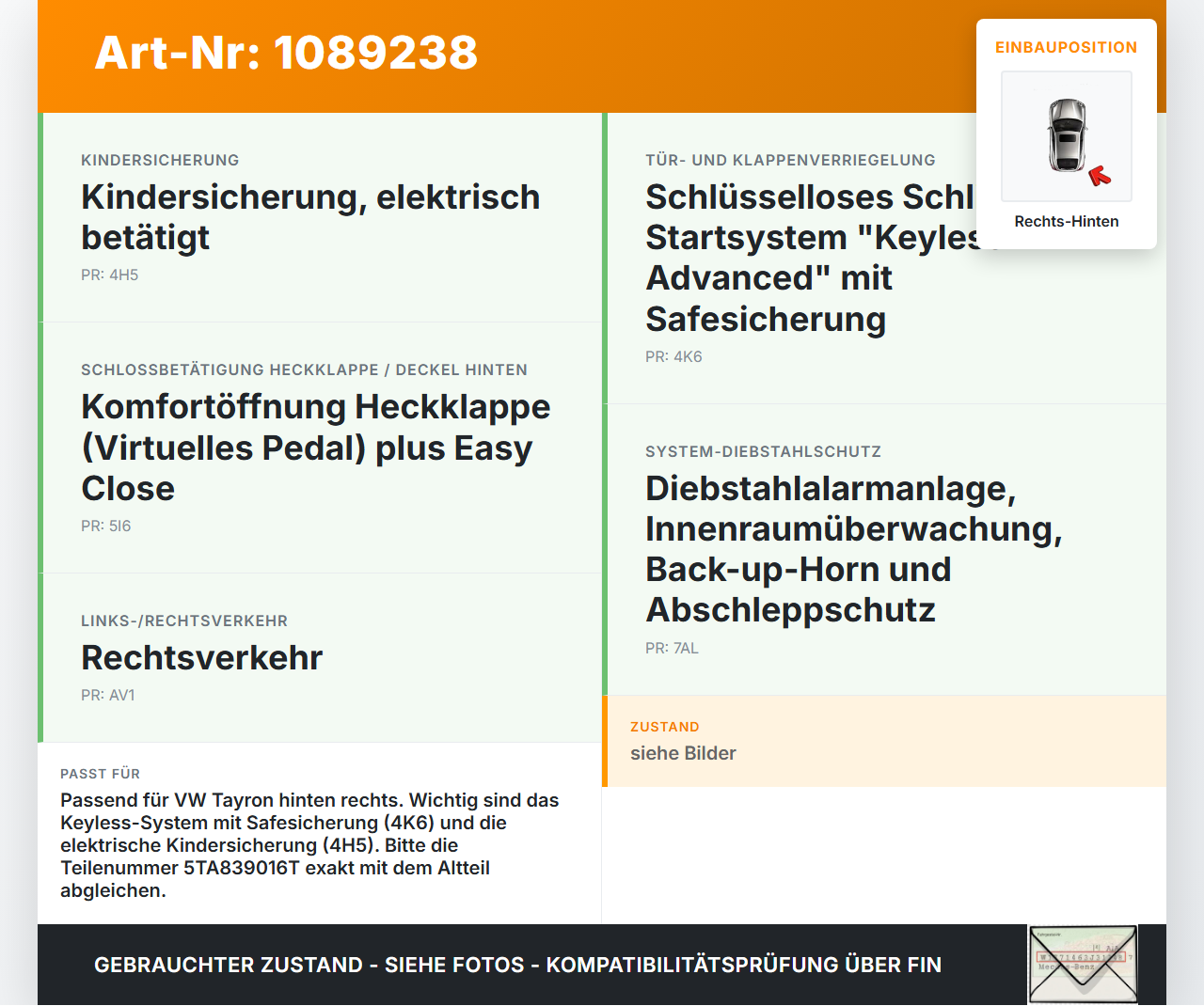 VW Tayron R41 Türschloss m. ZV Stellmotor Rechts Hinten VW Tayron R41 20.08.2025 5TA839016T A6T-STA839016T gebraucht Vorschau 3