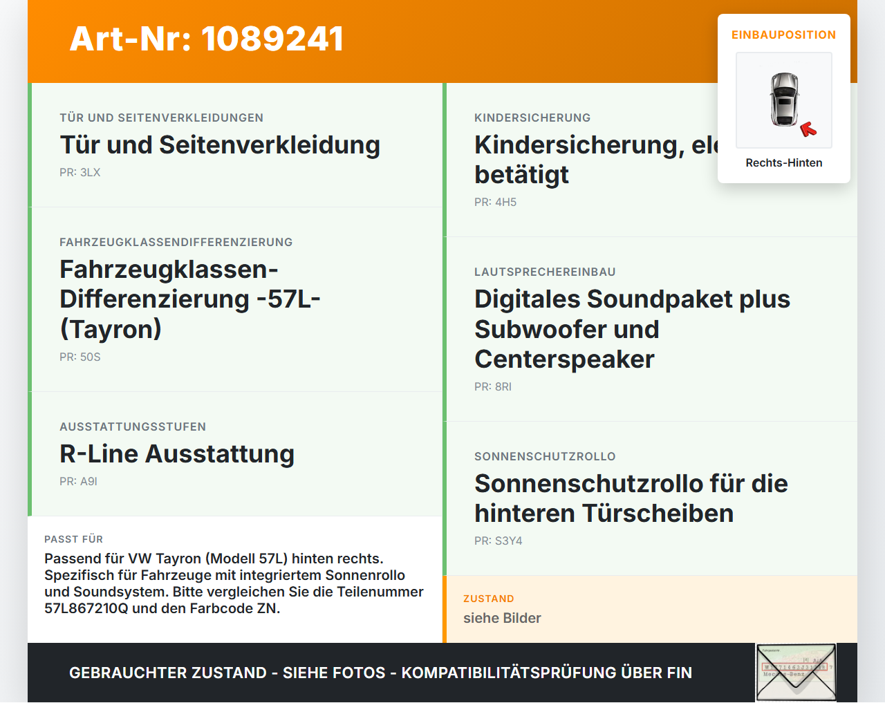 VW Tayron R41 Türverkleidung Türpappe Rechts Hinten Sonnenblende VW Tayron R41 20.08.2025 57L867210Q gebraucht Vorschau 3