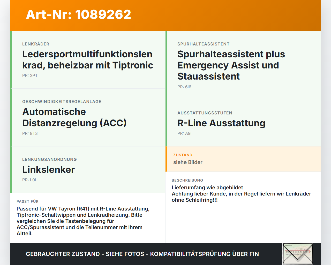VW Tayron R41 Lenkrad ohne Airbag VW Tayron R41 20.08.2025 5H0419089QL 314139481340 gebraucht Vorschau 3