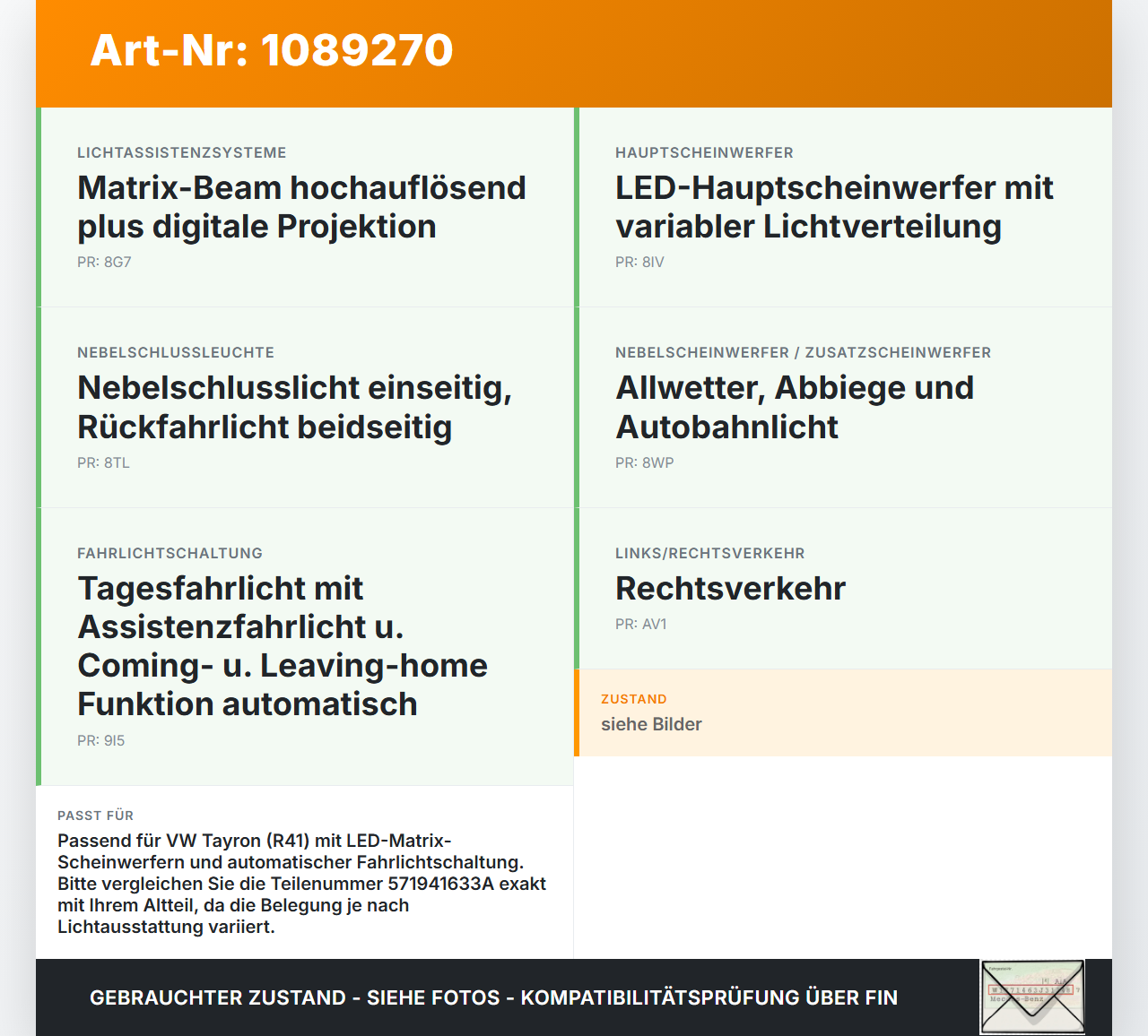 VW Tayron R41 Lichtschalter Schalter VW Tayron R41 20.08.2025 571941633A 032212002-07 gebraucht Vorschau 3