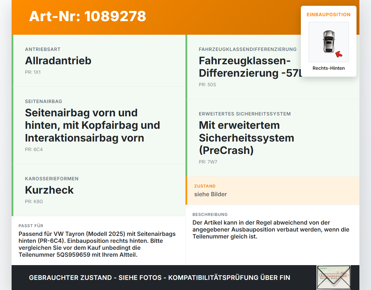 VW Tayron R41 Sensor für Airbag Crashsensor Airbagsensor Rechts Hinten VW Tayron R41 20.08.2025 5QS959659... Vorschau 3
