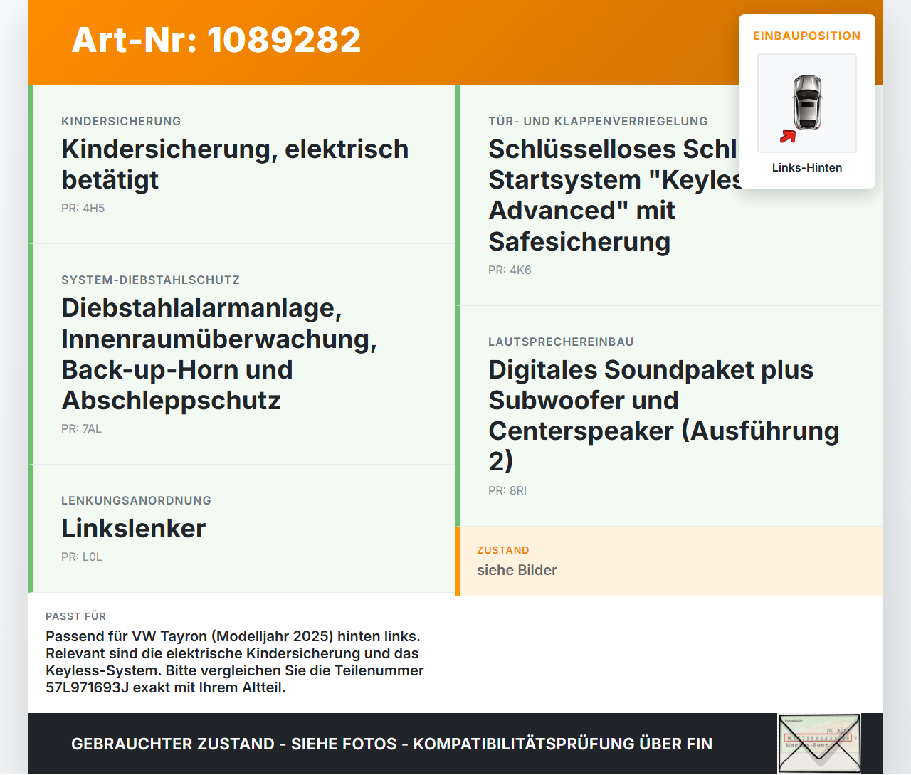 VW Tayron R41 Kabelbaum für Tür und Fensterheber Links Hinten VW Tayron R41 20.08.2025 57L971693J gebraucht Vorschau 3
