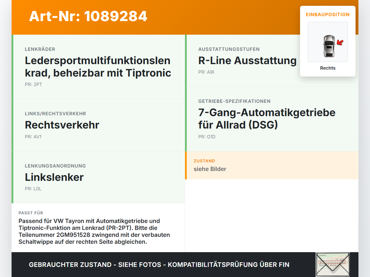 VW Tayron R41 Schaltwippe Schalter Plus für Lenkrad Rechts VW Tayron R41 20.08.2025 2GM951528 3115578-AA 90121-504... Vorschau 3