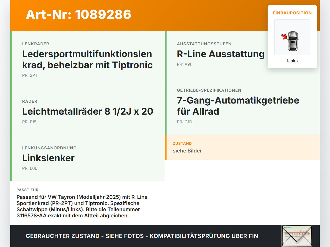 VW Tayron R41 Schaltwippe Schalter Minus für Lenkrad Links VW Tayron R41 20.08.2025 2GM951527 3116578-AA 90121-504... Vorschau 3