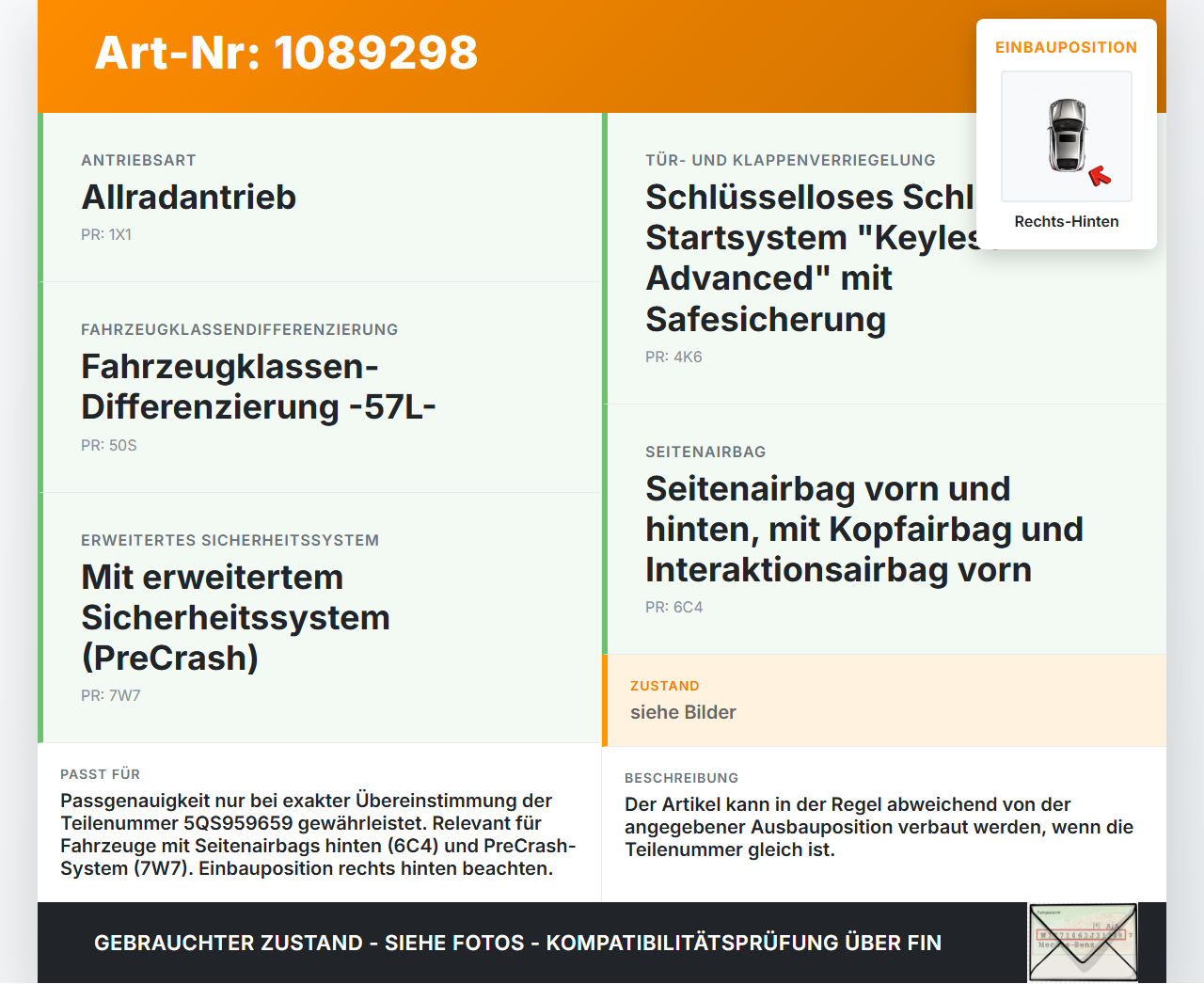VW Tayron R41 Sensor für Airbag Crashsensor Airbagsensor Rechts Hinten VW Tayron R41 20.08.2025 5QS959659... Vorschau 3