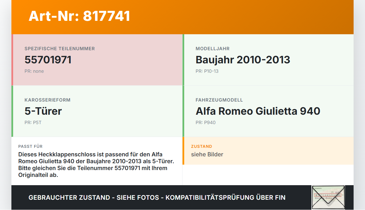 Alfa Giulietta 940 10-13 5T Schloss f. Heckklappe Heckklappenschloss Verriegelung Alfa Giulietta 940 10-13... Vorschau 3