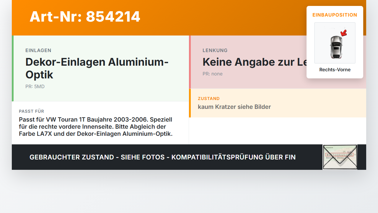 VW Touran 1T 03-06 Türleiste Rechts Vorne Innen LA7X VW Touran 1T 03-06 13.09.2004 gebraucht Vorschau 3
