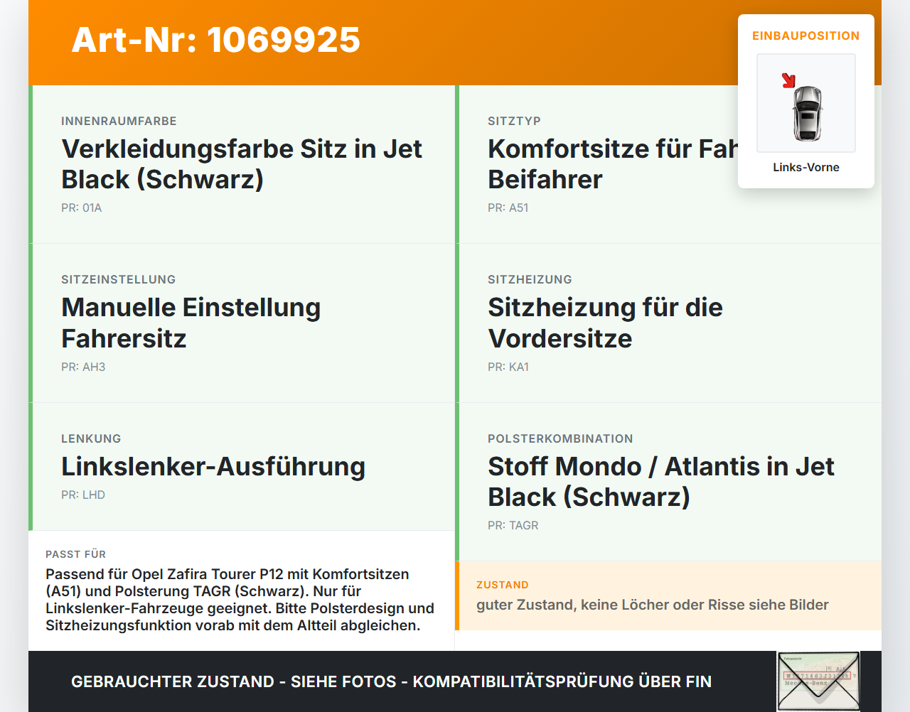 Opel Zafira Tourer P12 16-19 Mehrzweckfahrzeug Sitzbezug Sitzpolster für Fahrersitz Sitz Links Vorne beheizt Opel... Vorschau 3