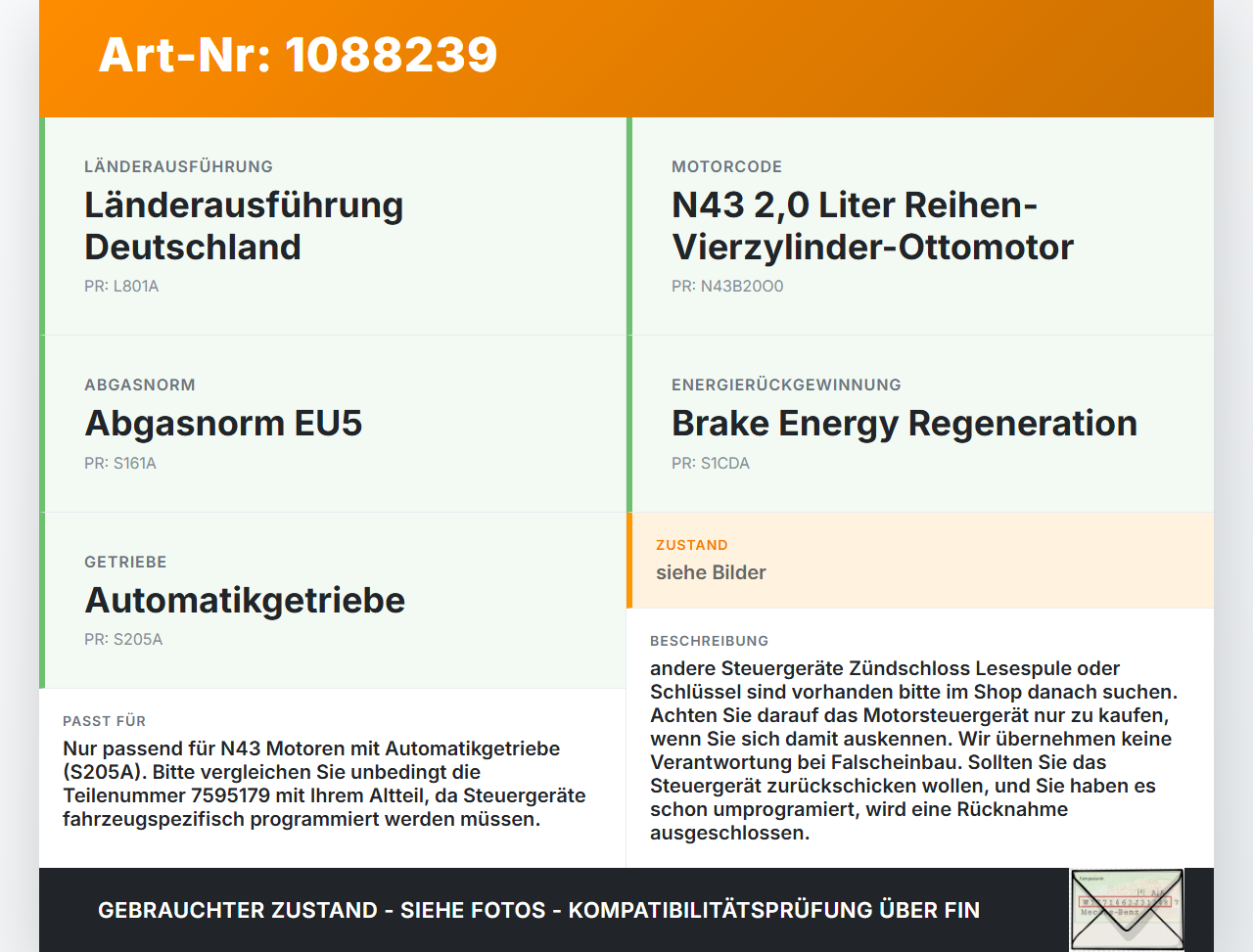 BMW E91 320i LCI 08-11 2,0i 105KW Motor Steuergerät ECU Motorsteuergerät BMW E91 320i LCI 08-11 31.08.2009 7640015... Vorschau 3