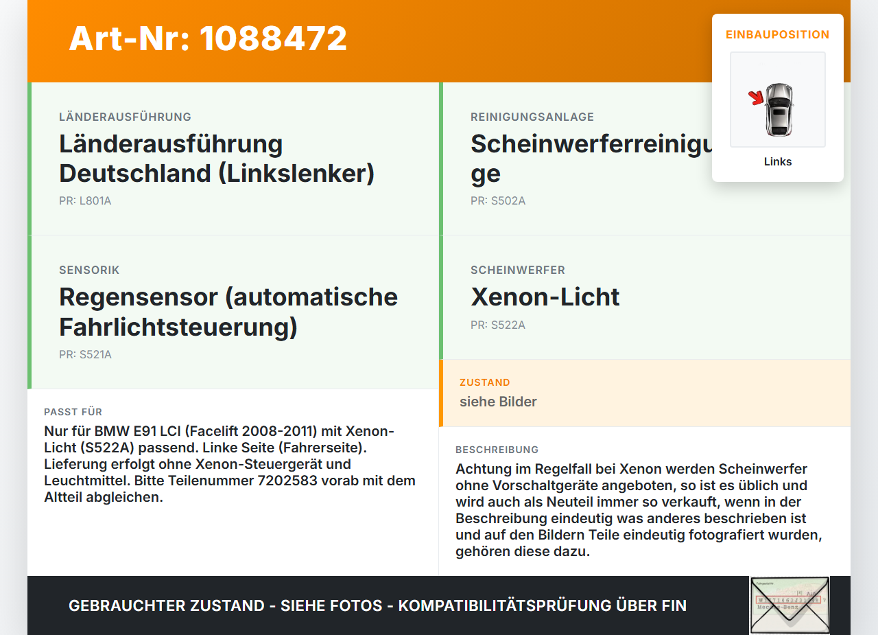 BMW E91 320i LCI 08-11 Xenon Scheinwerfer Frontscheinwerfer Links ohne Blinker Orig. ZKW BMW E91 320i LCI 08-11... Vorschau 3