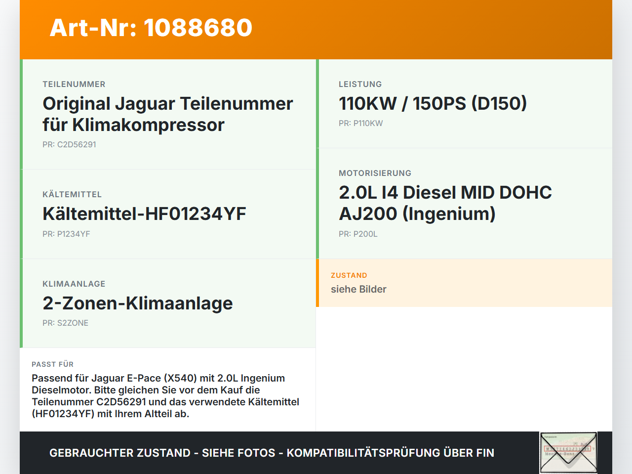 Jaguar E-Pace X540  2,0d 110KW Klimakompressor Klima Kompressor Jaguar E-Pace X540 19.08.2019 C2D56291... Vorschau 3