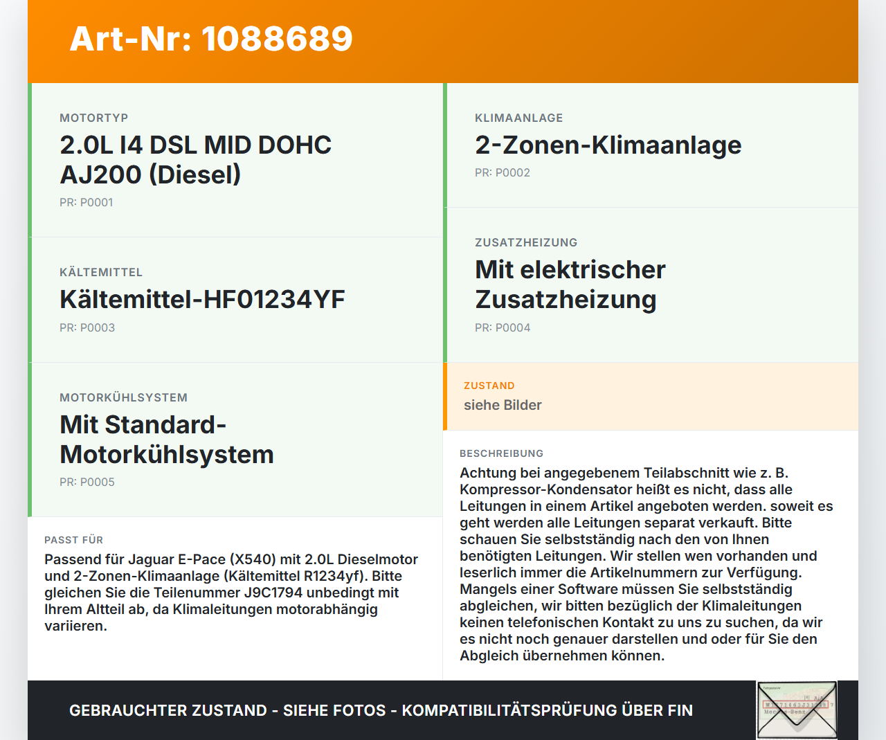 Jaguar E-Pace X540  2,0d 110KW Klimaschlauch Klimaleitung Jaguar E-Pace X540 19.08.2019 J9C1794 1000360113 gebraucht Vorschau 3