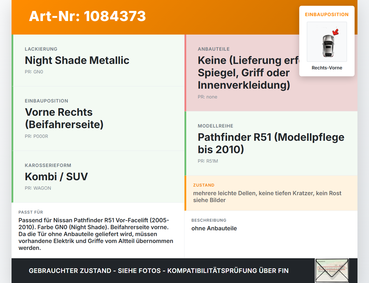Nissan Pathfinder R51 05-10 Tür Beifahrertür Rechts Vorne GN0 Nissan Nissan Pathfinder R51 05-10 29.09.2008 gebraucht Vorschau 3