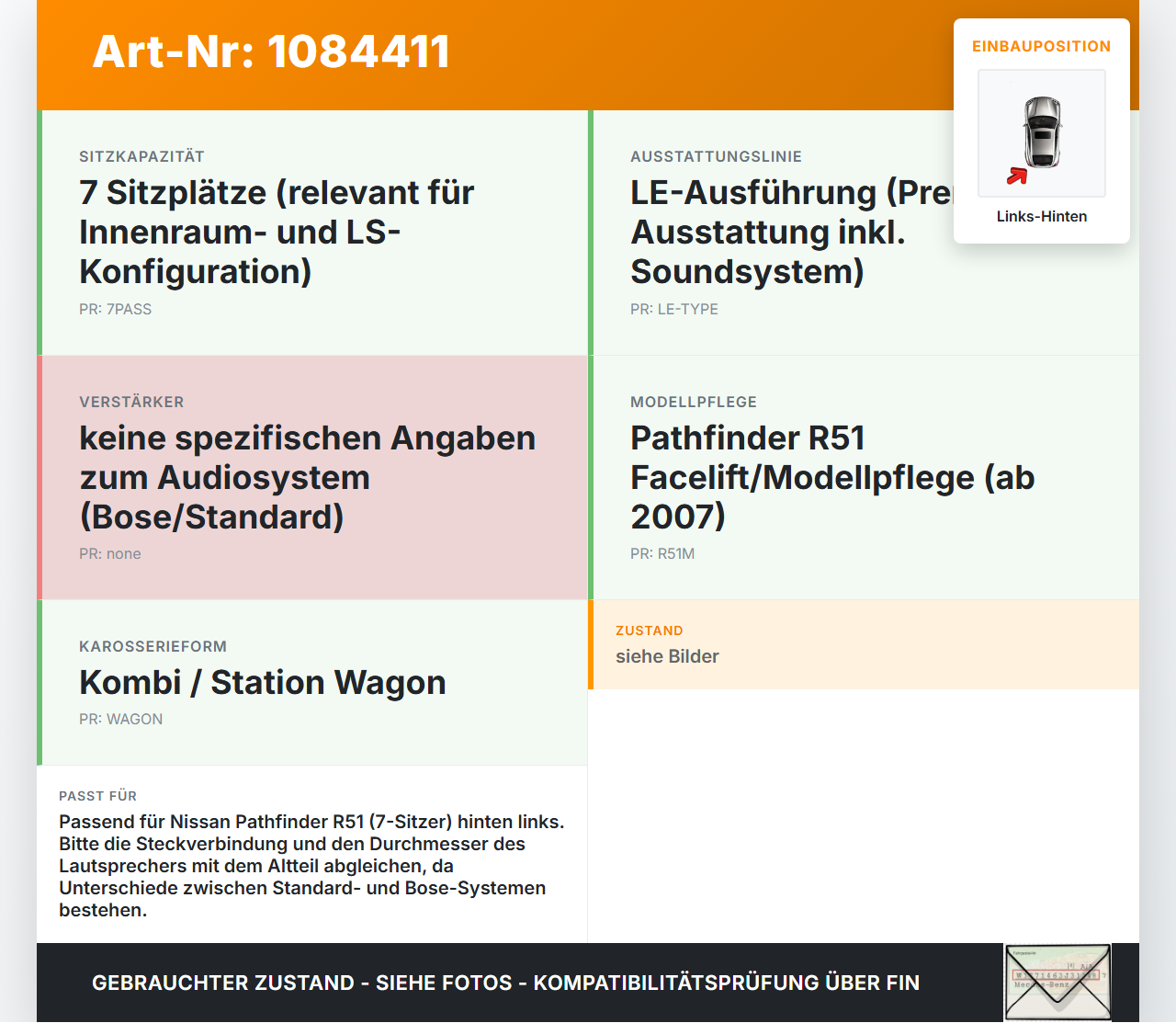 Nissan Pathfinder R51 05-10 Lautsprecher Links Hinten Nissan Nissan Pathfinder R51 05-10 29.09.2008 gebraucht Vorschau 3