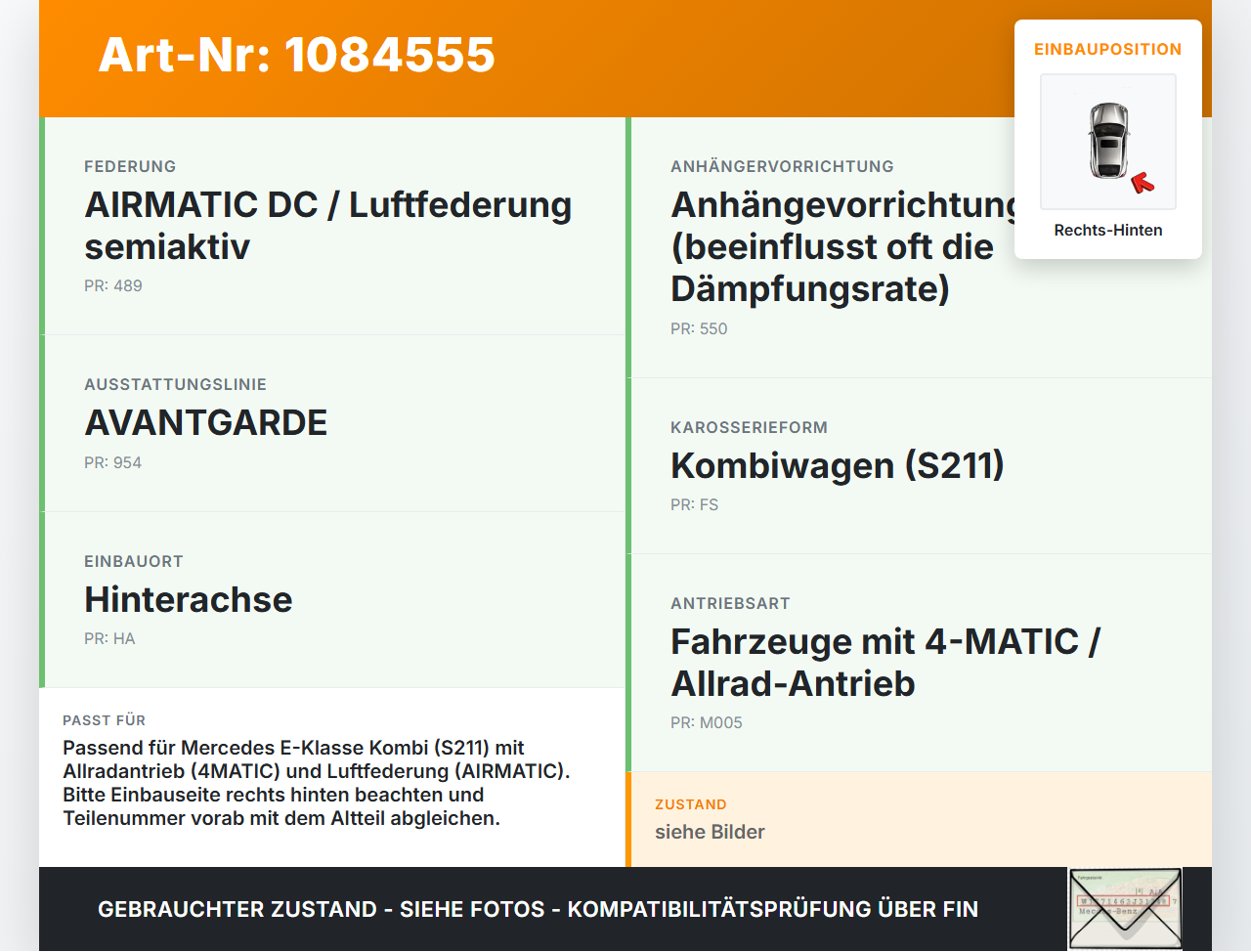 Mercedes S211 E500 02-06 Kombi Stossdämpfer Federbein Dämpfer Rechts Hinten Mercedes S211 E500 02-06 01.07.2004... Vorschau 3