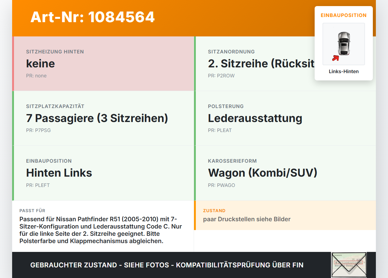 Nissan Pathfinder R51 05-10 Leder Sitz Links Hinten Nissan Nissan Pathfinder R51 05-10 29.09.2008 gebraucht Vorschau 3