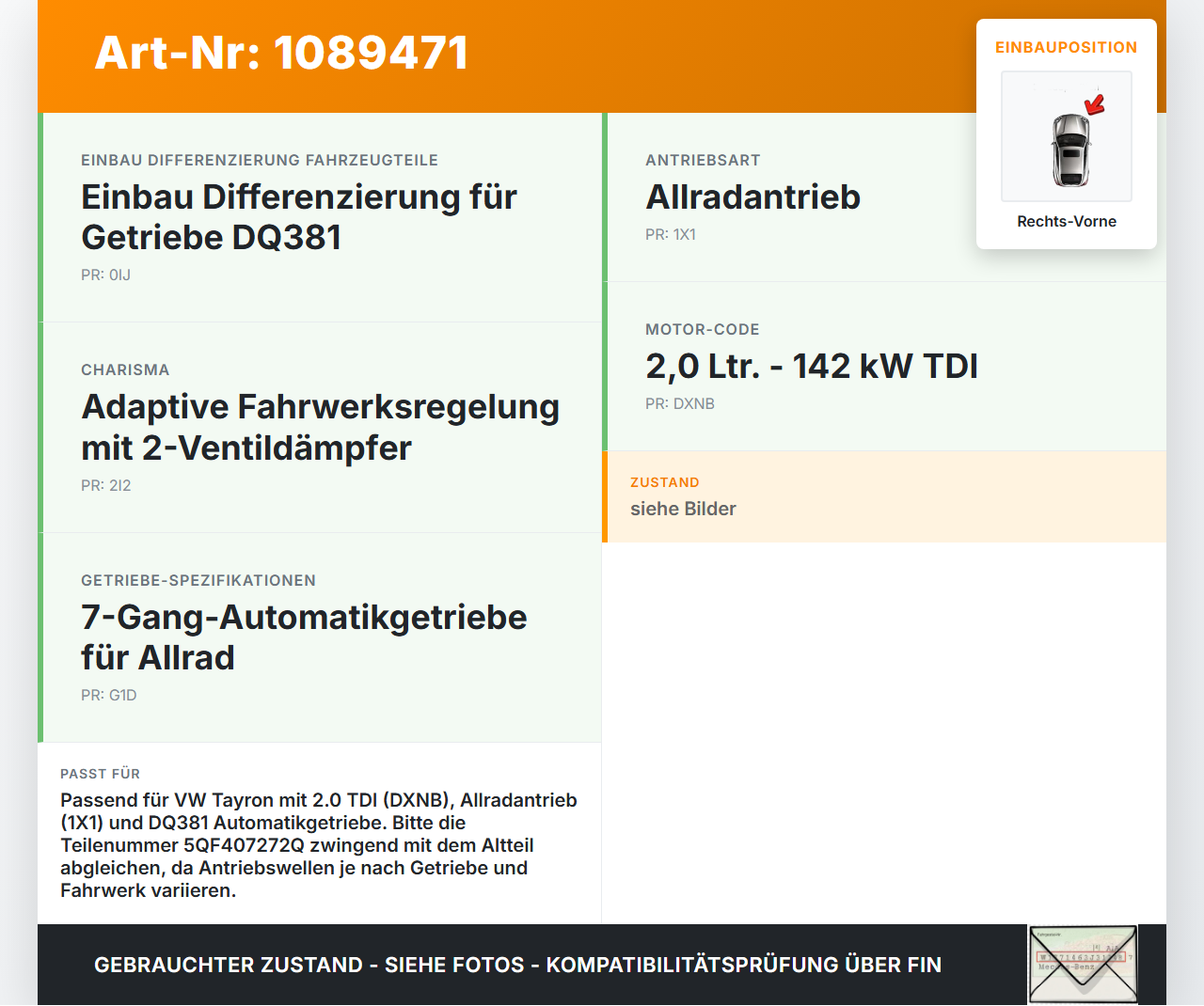 VW Tayron R41  TDI 2,0 142KW Autom 4WD Antriebswelle Gelenkwelle Rechts Vorne VW Tayron R41 20.08.2025 5QF407272Q... Vorschau 3