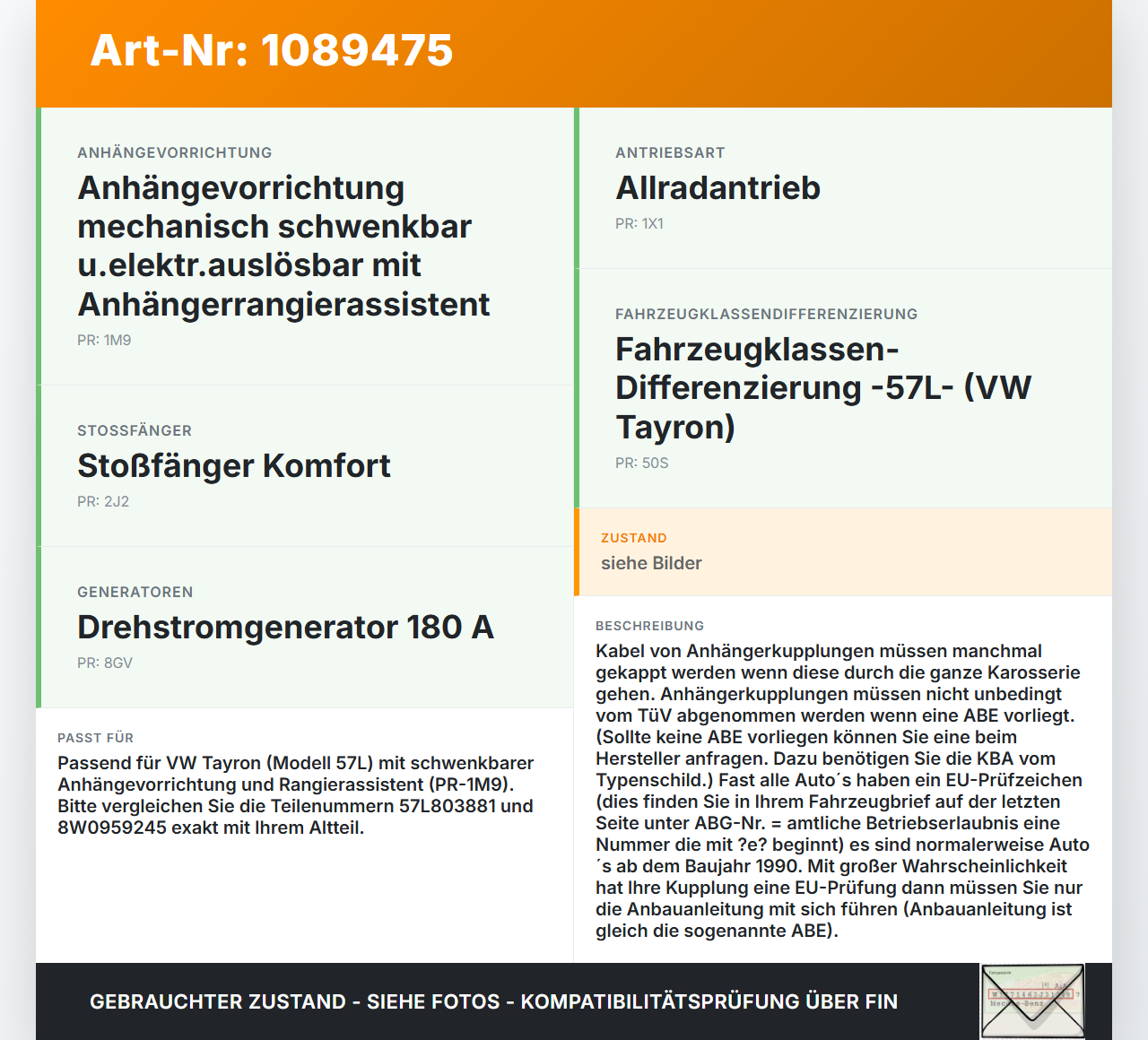 VW Tayron R41 Anhängerkupplung schweckbar AHK VW Tayron R41 20.08.2025 57L803881 8W0959245 gebraucht Vorschau 3
