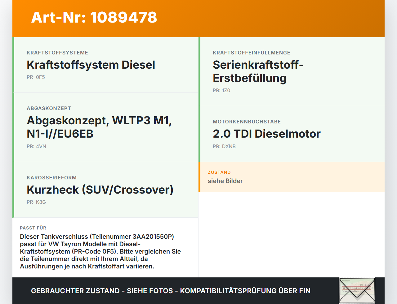 VW Tayron R41 Tankdeckel Verschluss Tankverschluss VW Tayron R41 20.08.2025 3AA201550P gebraucht Vorschau 3