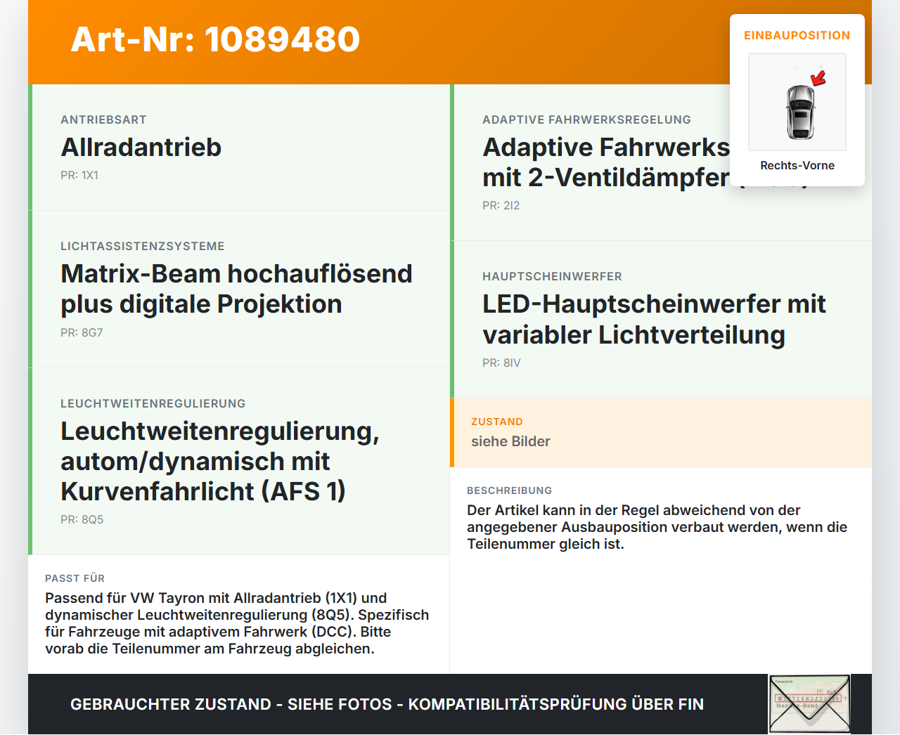 VW Tayron R41 Niveausensor Xenon LWR Sensor Neigung Rechts Vorne VW Tayron R41 20.08.2025 5QS412522 gebraucht Vorschau 3