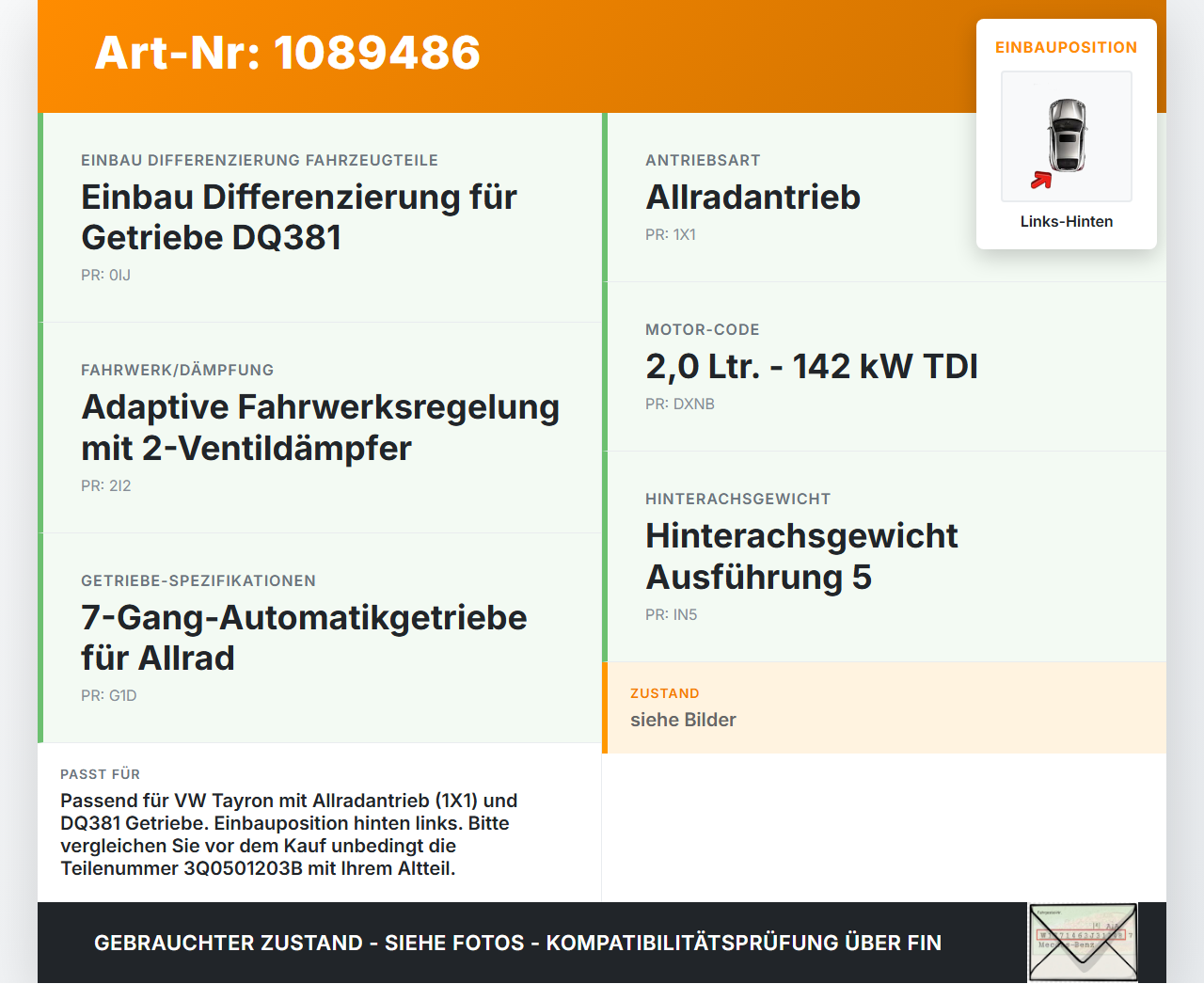 VW Tayron R41   TDI 2,0 142KW 4WD Antriebswelle Gelenkwelle Hinten Links VW Tayron R41 20.08.2025 3Q0501203B gebraucht Vorschau 3