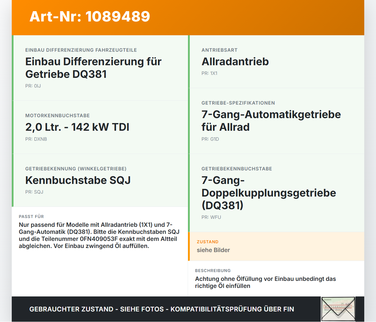 VW Tayron R41  TDI 2,0 142KW 4WD Verteilergetriebe Winkelgetriebe für Getriebe SQJ VW Tayron R41 20.08.2025... Vorschau 3