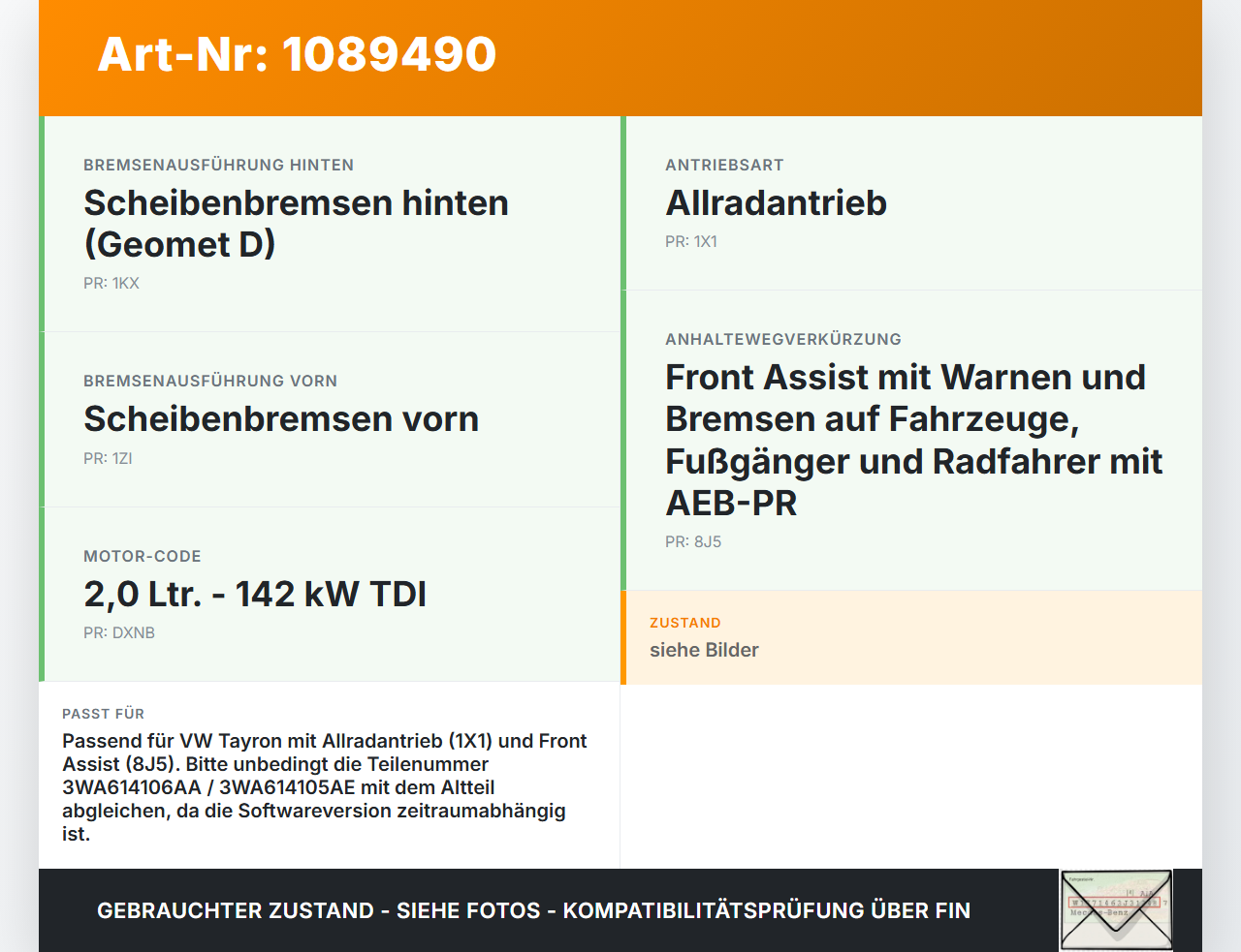 VW Tayron R41  TDI 2,0 142KW Bremskraftverstärker VW Tayron R41 20.08.2025 3WA614106AA 3WA614105AE gebraucht Vorschau 3