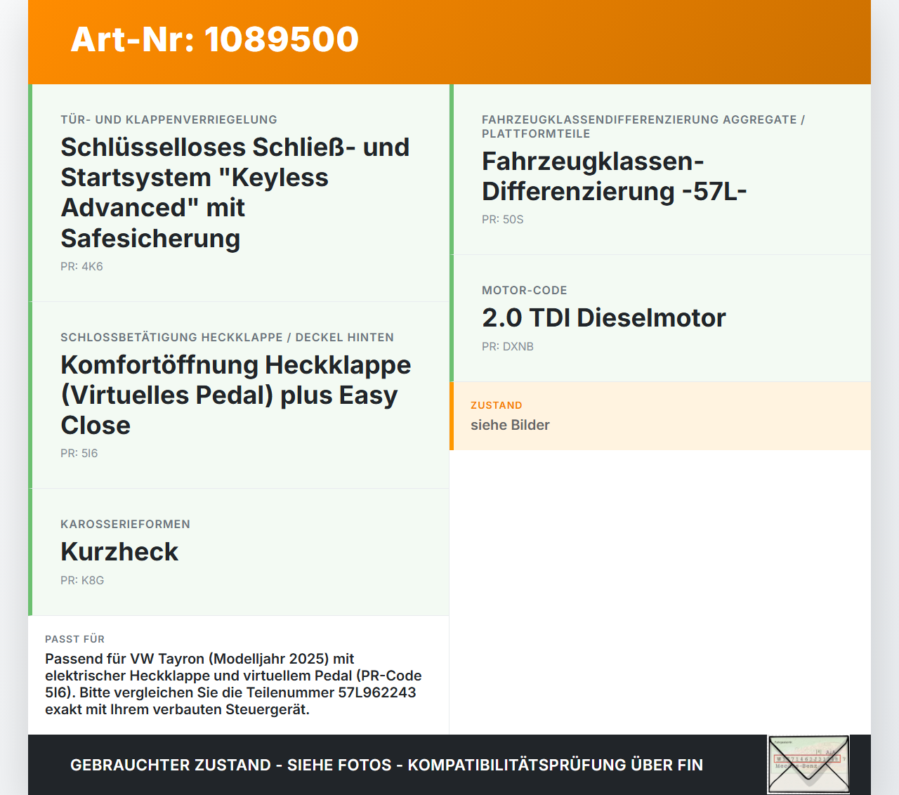 VW Tayron R41 Steuergerät ECU SG für Elektr. Heckklappe VW Tayron R41 20.08.2025 57L962243 gebraucht Vorschau 3