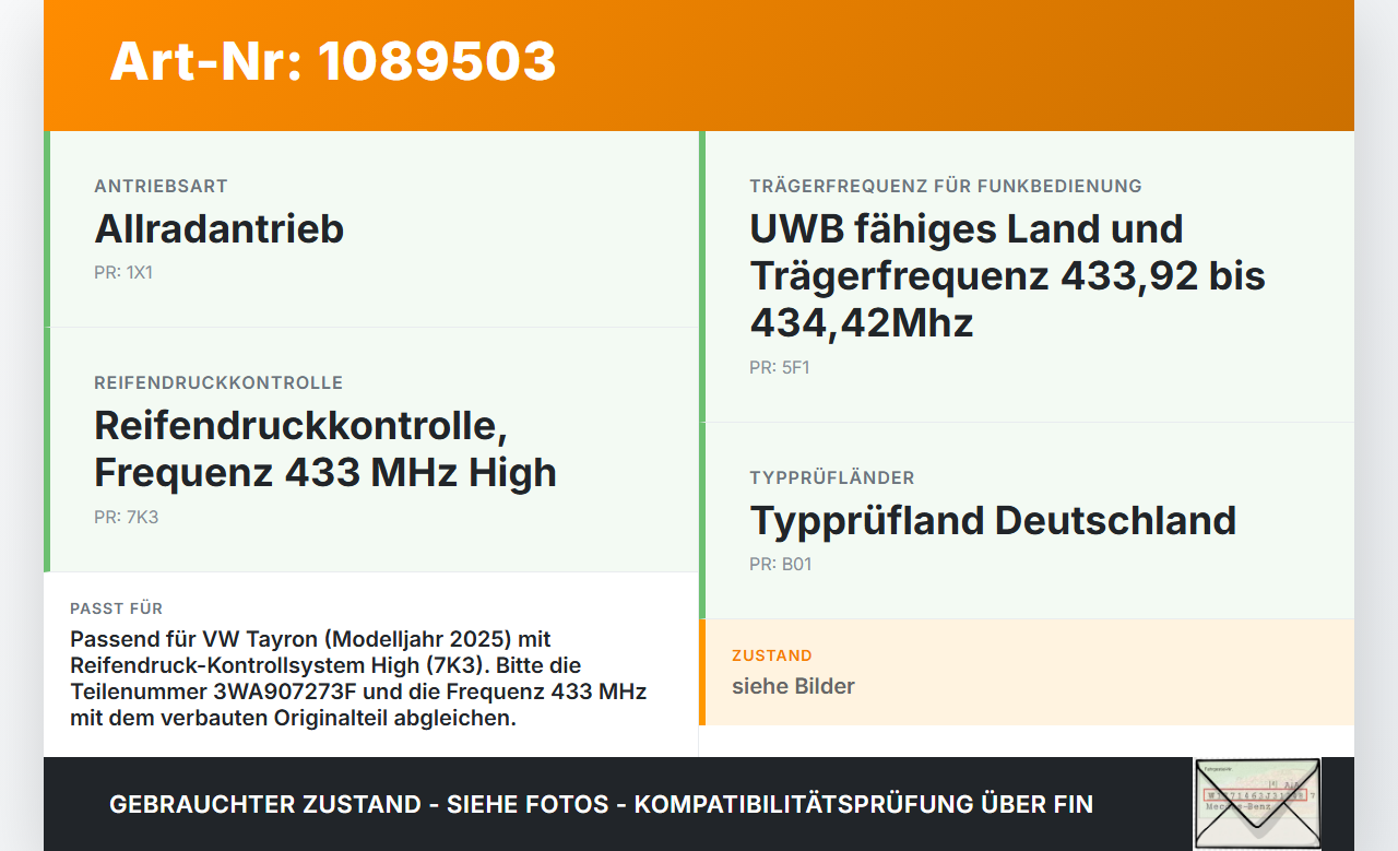 VW Tayron R41 Steuergerät ECU Modul TMPS ECU für Reifendruckkontrolle VW Tayron R41 20.08.2025 3WA907273H... Vorschau 3